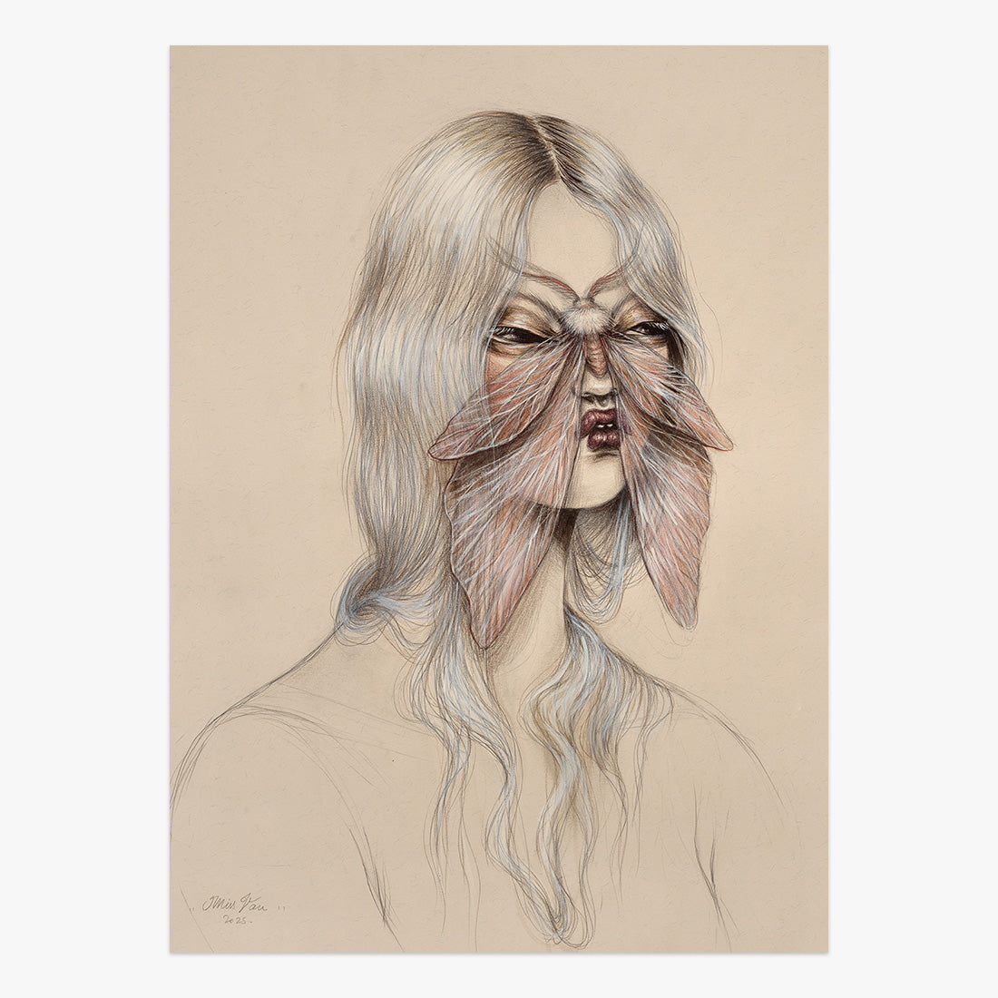 Miss Van Presence of Wonder IV mixed media portrait artwork on paper featuring a surreal female figure