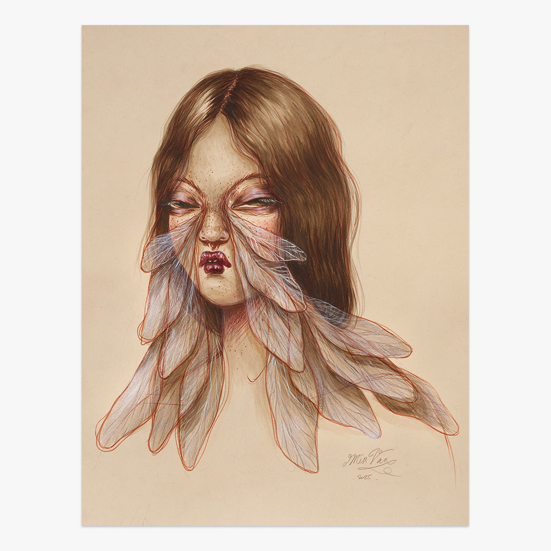 Miss Van Presence of Wonder II mixed media portrait artwork on paper featuring a surreal female figure