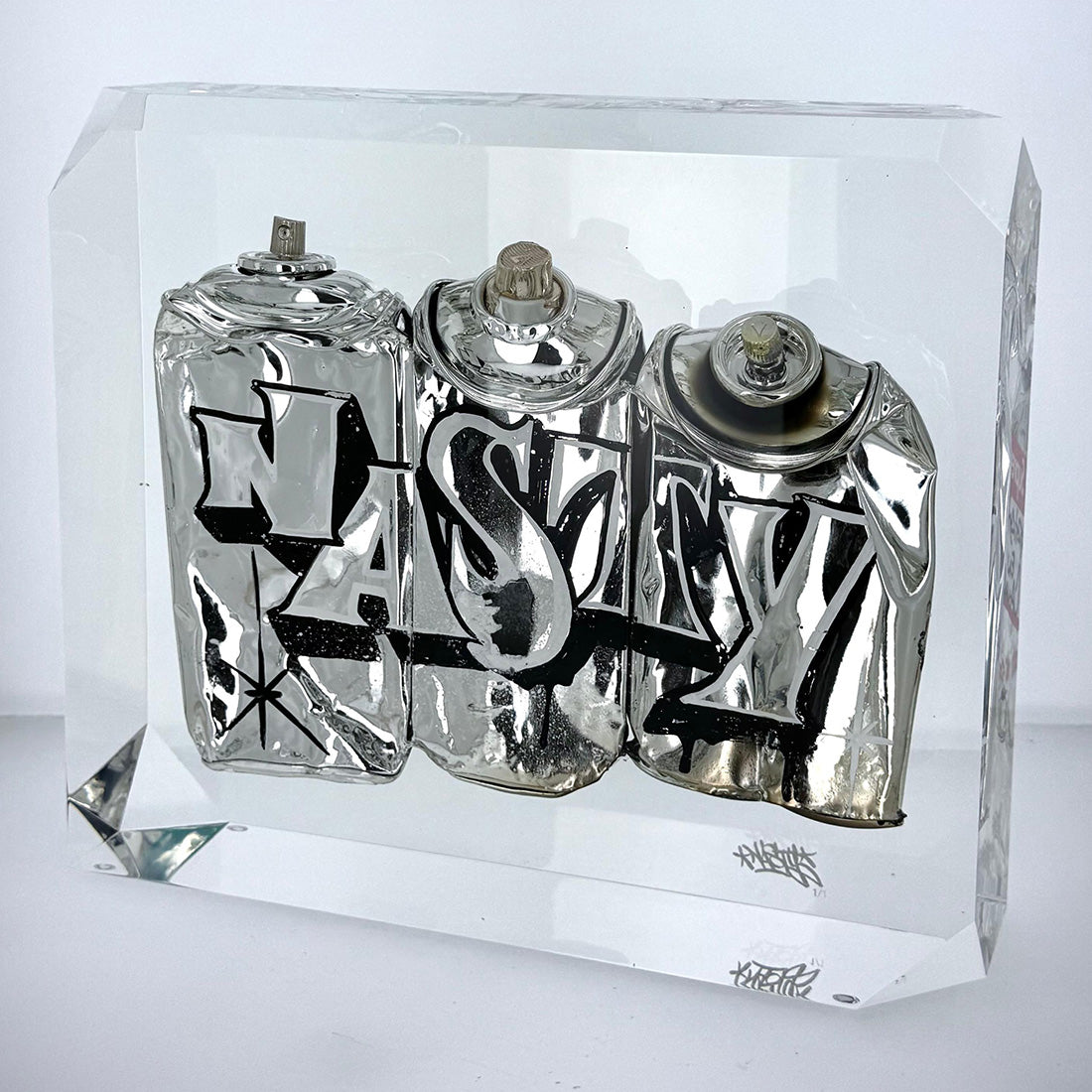 Nasty Inclusion Diamond cut spray can and resin sculpture with embedded silver graffiti spray cans