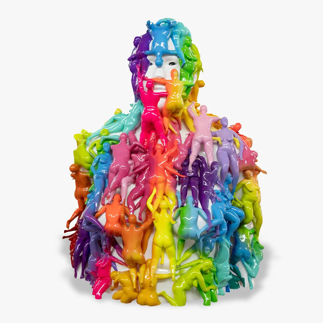 WE ARE ALL ONE by Okuda San Miguel, colorful contemporary fiberglass sculpture covered in vibrant dripping human figures and synthetic enamel, unique artwork from 2025 at Underdogs Gallery