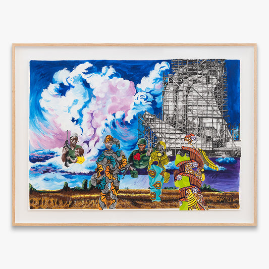 Márcio Carvalho Uma andorinha só não faz o verão artwork featuring colorful human figures, expressive clouds, and architectural structures in a vibrant mixed-media composition