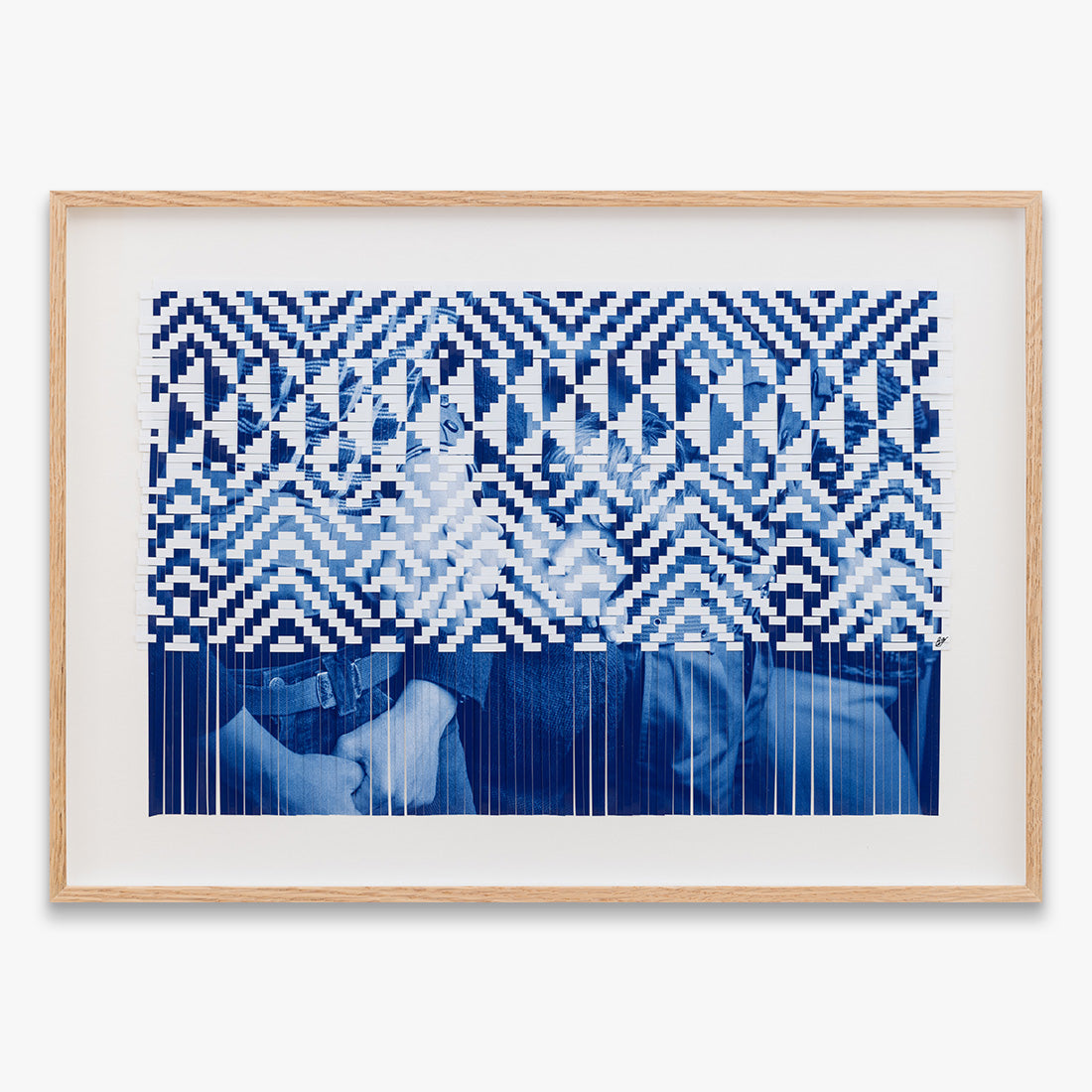 Ontem, Hoje e Amanhã (Blueprint) by Raquel Belli at Underdogs Gallery, featuring layered blue geometric weaving patterns combined with photographic elements in a framed composition