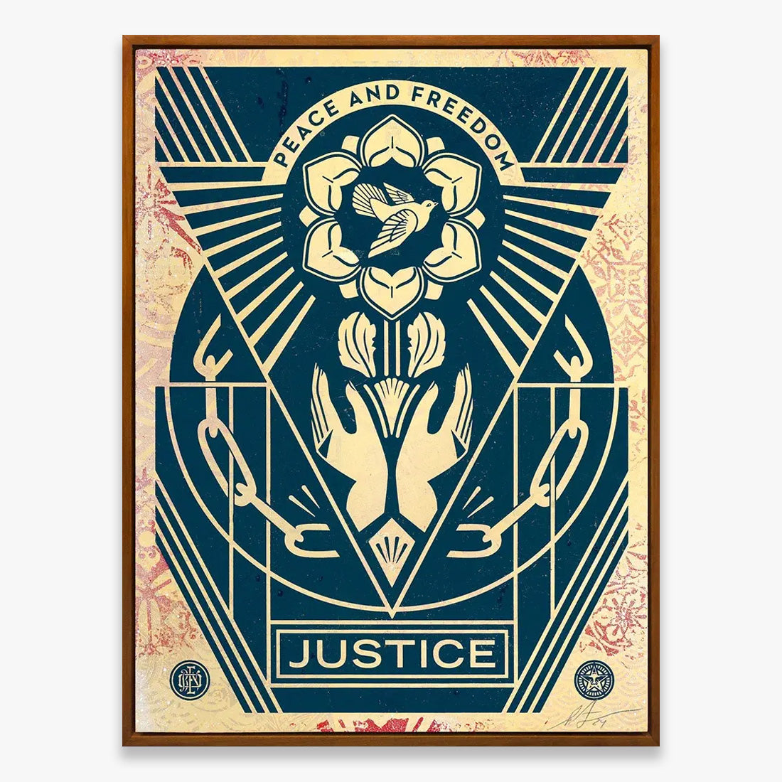 Shepard Fairey Peace and Freedom artwork featuring a stylized floral motif, justice symbol, and geometric graphic composition in blue, cream, and red tones