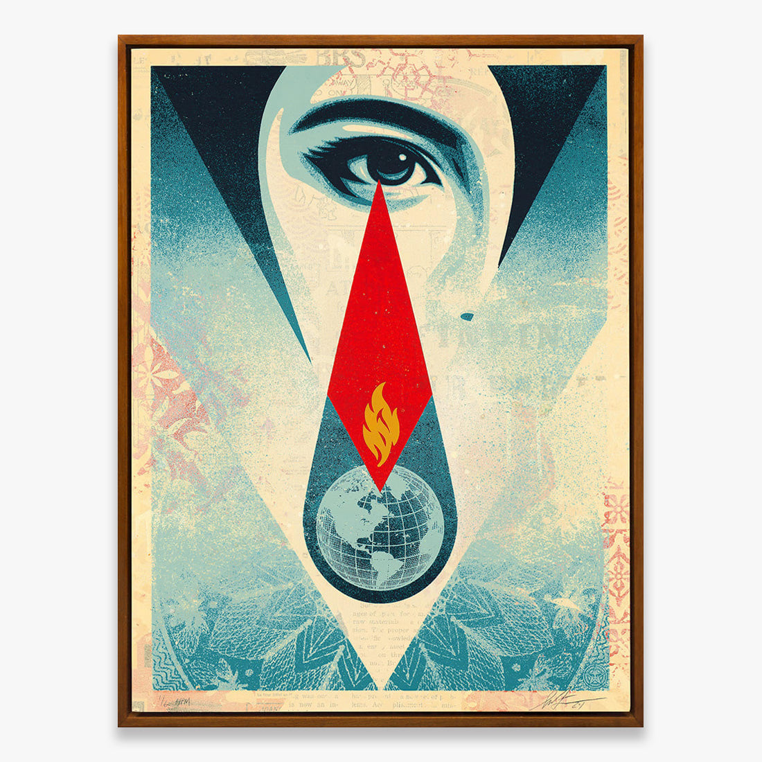 Shepard Fairey Tear Flame artwork featuring a stylized eye above a red flame-shaped tear with a globe motif in blue, cream, and red tones