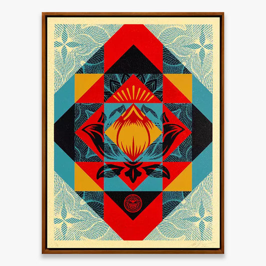Shepard Fairey Modular Flower artwork featuring a geometric floral composition in red, yellow, blue, black, and cream tones with symmetrical graphic patterns