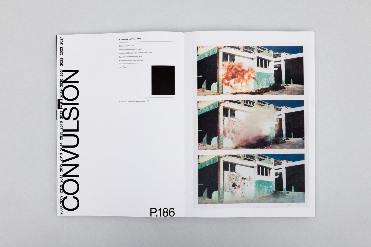 Book layout page from The Complete Editions 2008–2024 by Vhils, Underdogs Gallery