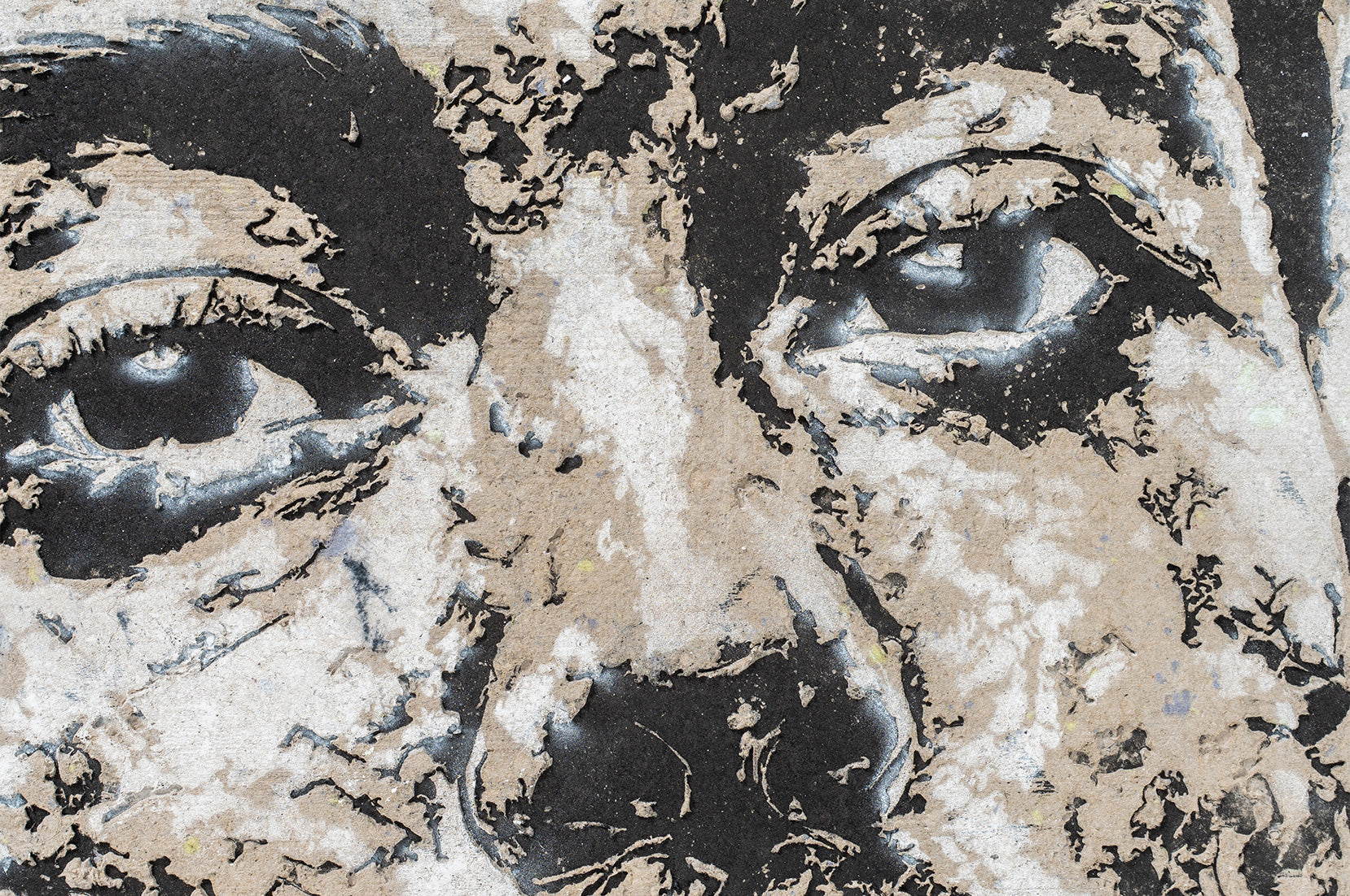 Detail of the eyes in Lexicon by Vhils – papier-mâché artwork, Underdogs Gallery
