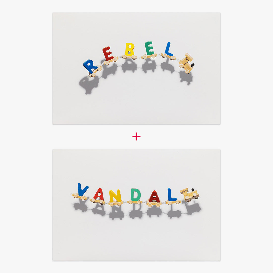 Toy Train Pair by Nuno Viegas featuring Rebel and Vandal editions, colorful acrylic letter artworks inspired by toy train typography on white background, limited edition canvas artworks, 2025